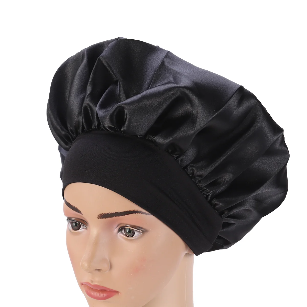 

56 -58cm Black Satin Sleep Bonnet High Resilience Elasticity Wide Side Sleeping Cap