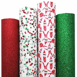 Christmas REd Green Glitter Leather Sheets Felt Back Glitter Faux Fabric Elfs Printed Smooth Leather For Bow DIY 21x29CM Q1525