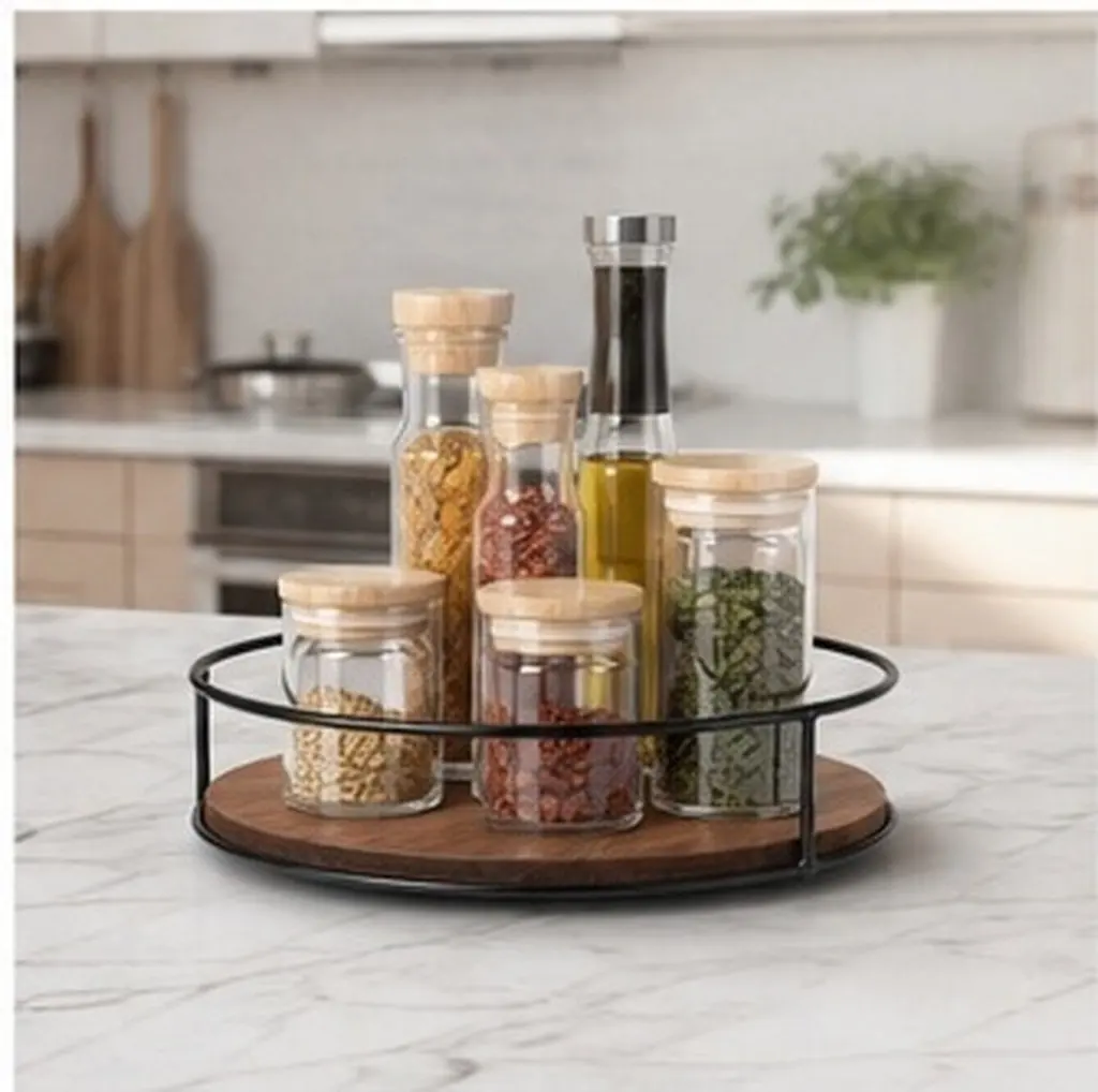Wood Rotating Tray Round Serving Tray Turntable Organizer for Kitchen Bedroom Living Room Vanity Makeup Storage Decorative