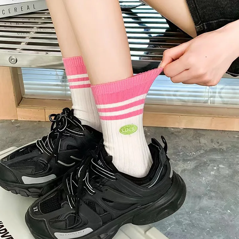 Pink Women\'s Socks Spring and Autumn Mid-tube Cotton Socks Long Summer Thin Striped Socks