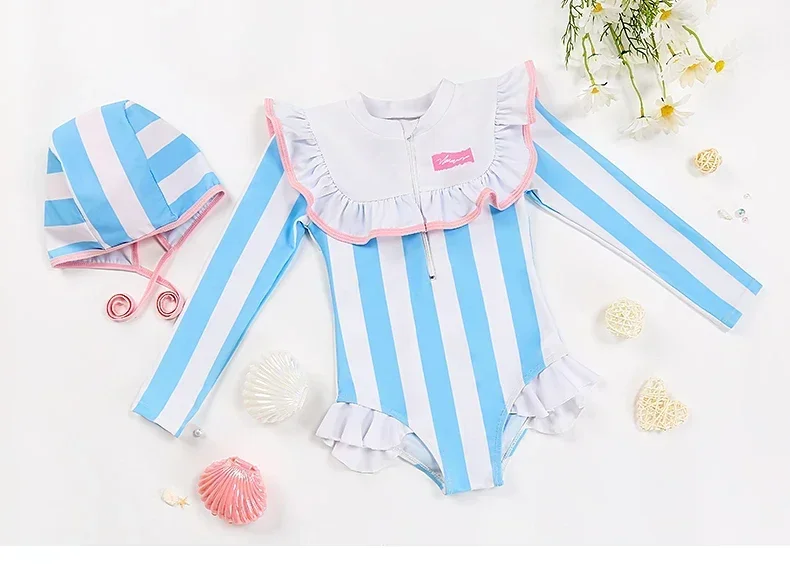 Kids Girls Boys Swimsuit One piece Striped Suit + Hat Brother Sister Swimwear Summer Beach Wear Diving Children Swimsuits