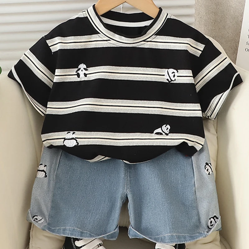 Summer Baby Boy Boutique Clothing Fashion Stripe Cartoon Panda Short Sleeve Cotton Tops+Denim Shorts Korean Kids Clothes BC2129