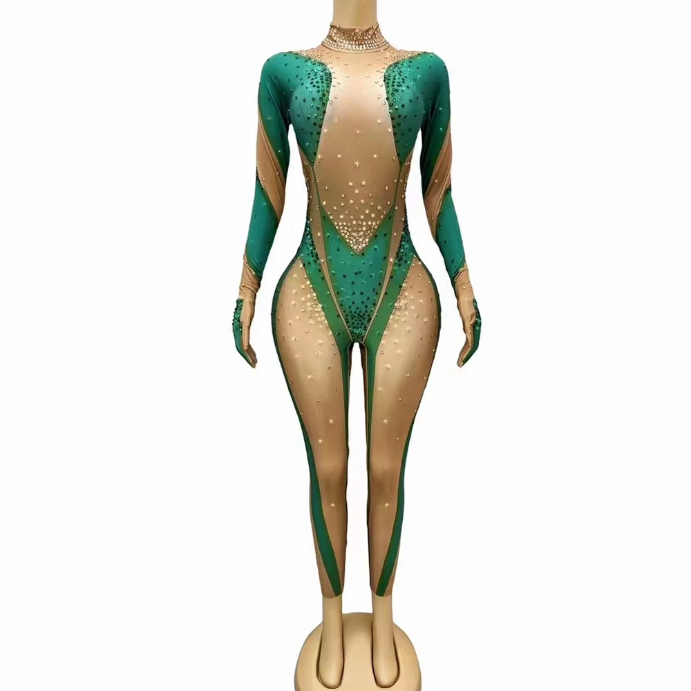 Sexy Stage Green Gold Rhinestones Jumpsuit Gloves Women Dance Performance Spandex Leggings Birthday Nightclub Photoshoot Outfit