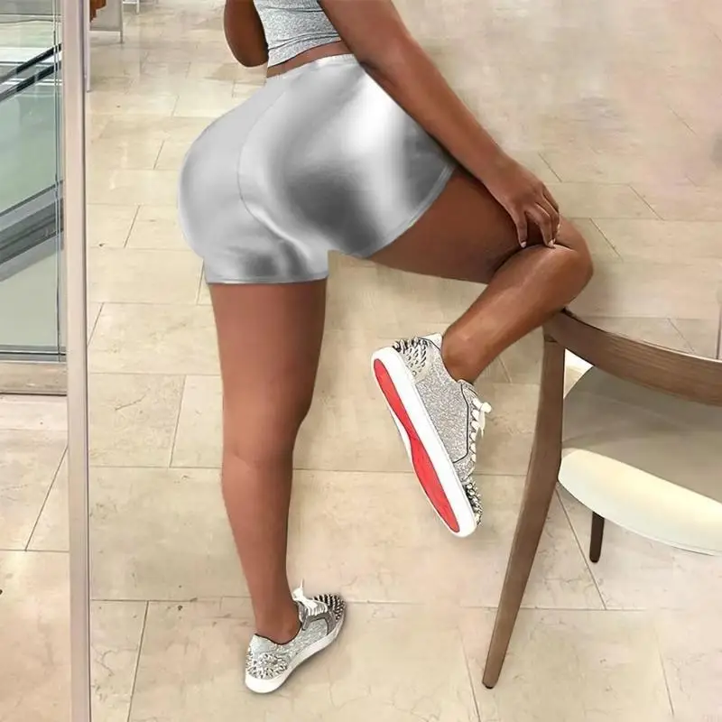 

77HE Elegant Women's PU Leather Shorts With High Waist Stretchy Short Pants Clubwear Metallic Shorts For Evening Event