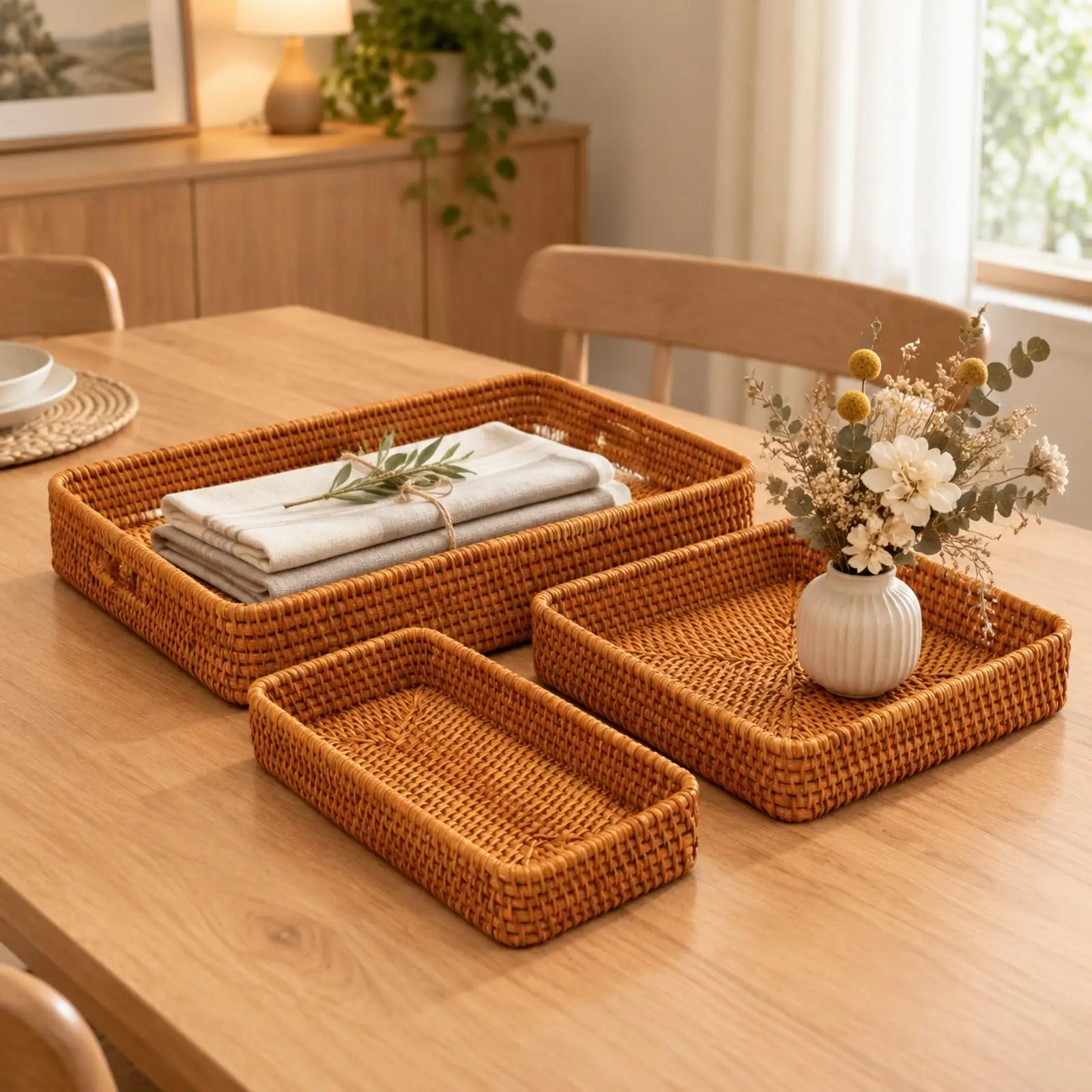 handmade-rattan-serving-tray-and-storage-basket-set-for-countertop-kitchen-fruit-vegetable-holder