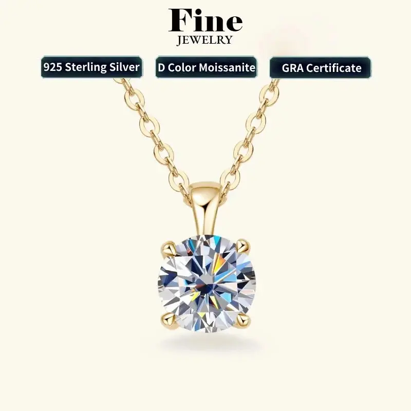 6.5mm 1.0 Carat D Moissanite Solitaire Drop Necklaces 18k Gold Plated Pendant Original Real 925 Silver Chain Jewelry for Women