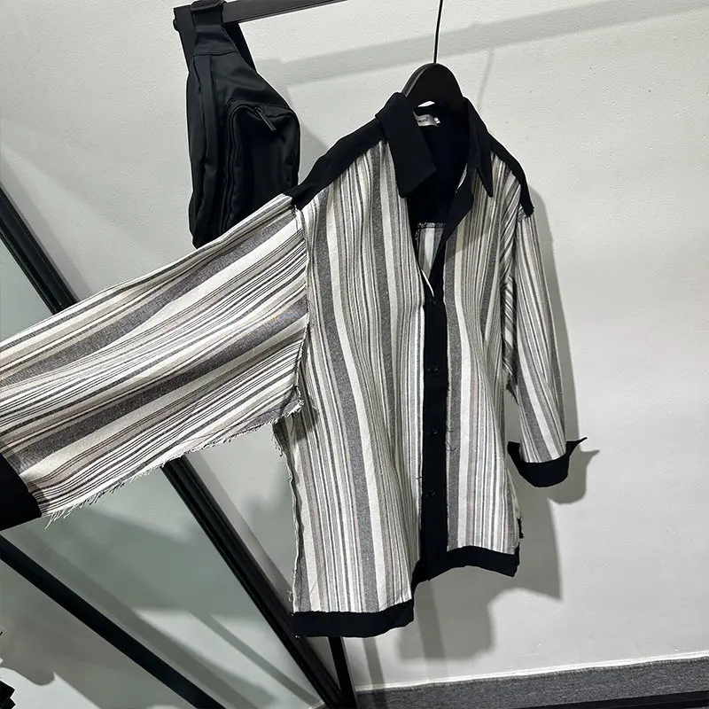 Avant-Garde Design Sense Black and White Vertical Stripes Shirt Men's Spring New Fashionable Loose Casual Distressed