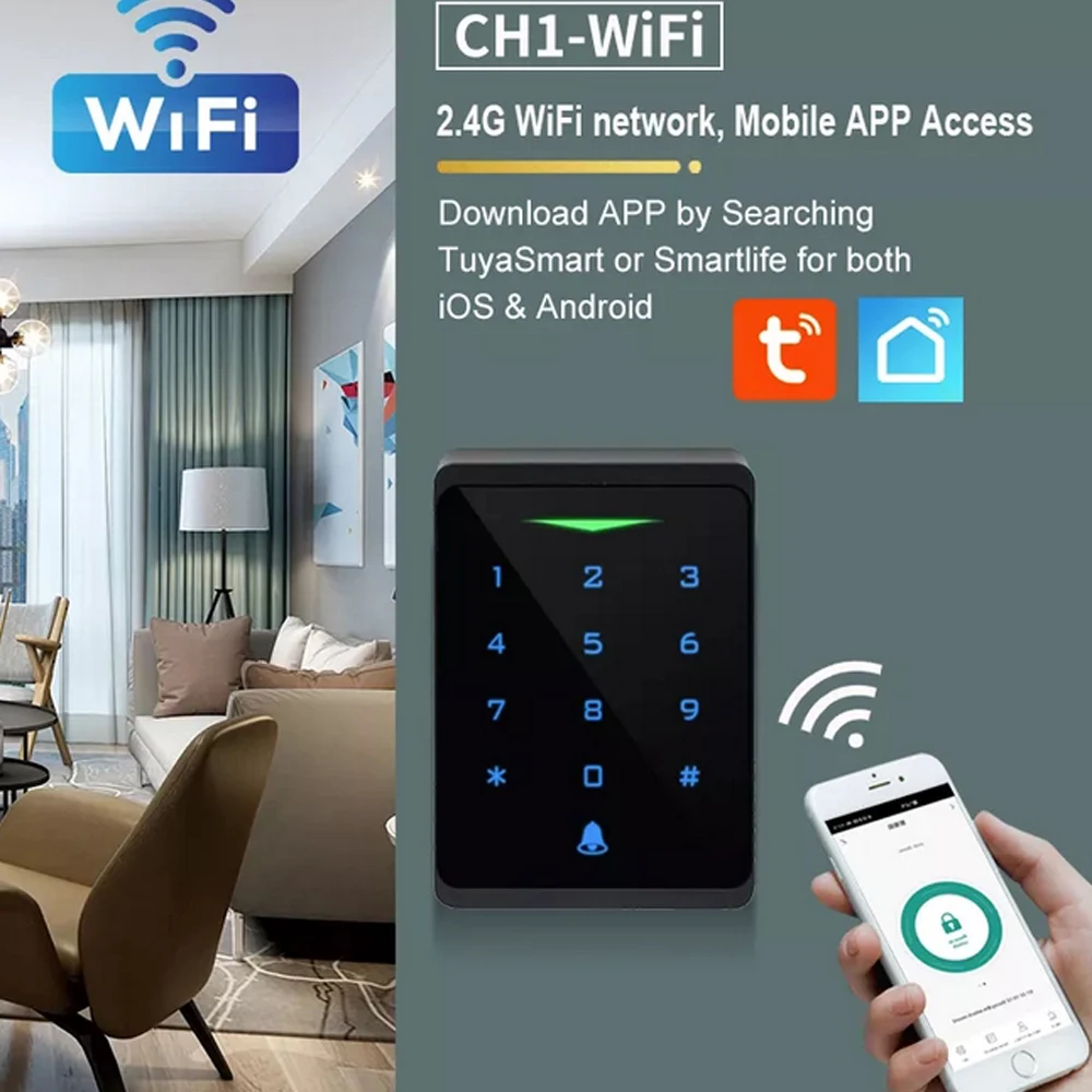 

Антивандальная IP66 водонепроницаемая 2,4G Wi-Fi Tuya сенсорная RFID-клавиатура с подсветкой 125 кГц EM-считыватель карт для системы контроля доступа WG 26 бит