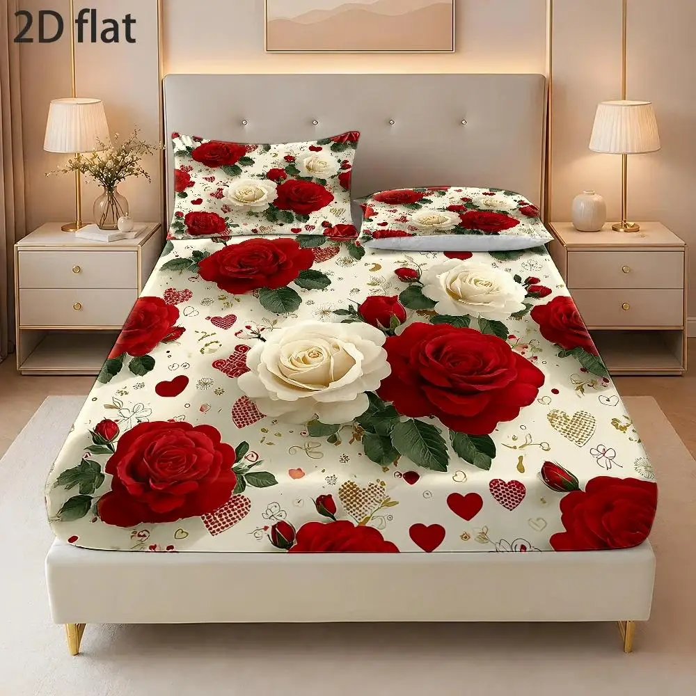 Breathable 3-Piece Mattress Protector Set, 1 Fitted Sheet + 2 Pillowcases (Without Filling) Mattress Cover, Fitted Sheet with Pillowcases, 2D Flat Printing, Red Rose Heart Theme, Romantic Valentine's Day Atmosphere Essential