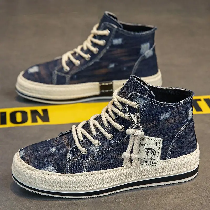 High-top canvas shoes for men, soft washed denim sneakers with holes, men's shoes