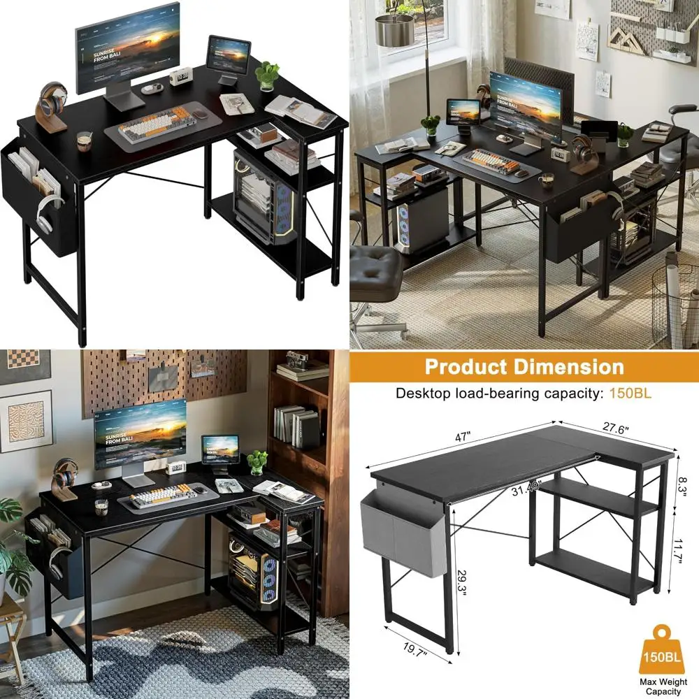 مكتب كمبيوتر على شكل حرف L، مكتب زاوية مقاس 47 بوصة مع مساحة تخزين، أرفف قابلة للعكس، مثالي للألعاب والاستخدام المكتبي