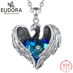 Eudora 925 Sterling Silver Vintage Phoenix Necklace Blue Austrian Crystal Heart Pendant Women Fashion Jewelry Exquisite Gift