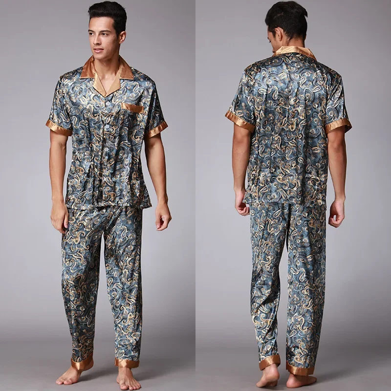 Summer Autumn New Bathrobe with Pocket Ice Silk Robe Male Casual Home Clothes Print Shirt&pants Loose Nightwear Loungewear