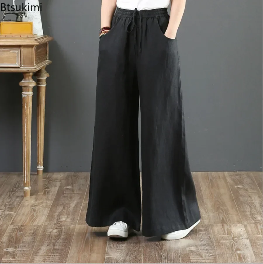 New 2026 Solid Color Cotton Linen Pants for Women Loose Casual Wide Leg Pants Comfort Simple All Match Trousers Women Streetwear