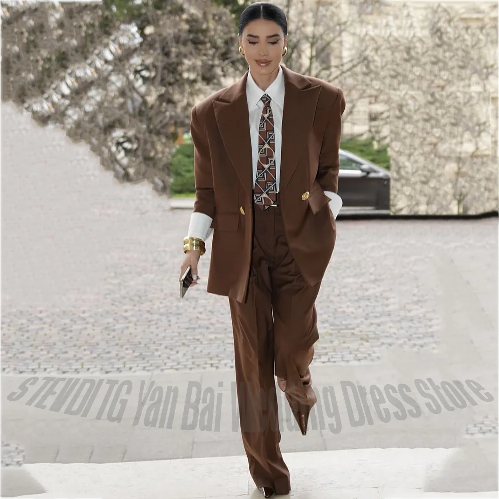 Women 2 Piece Double Breasted Suit Oversized Blazer Loose Casual Peaked Lapel Business Formal Interview Professional Lady Set