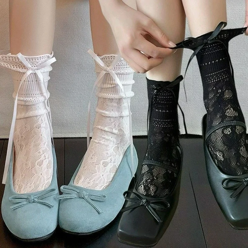 1/2 Paar japanische Spitzen-Schleifensocken, elastische, atmungsaktive Baumwollsocken für Mädchen, transparente, elastische Mid-Tube-Strümpfe