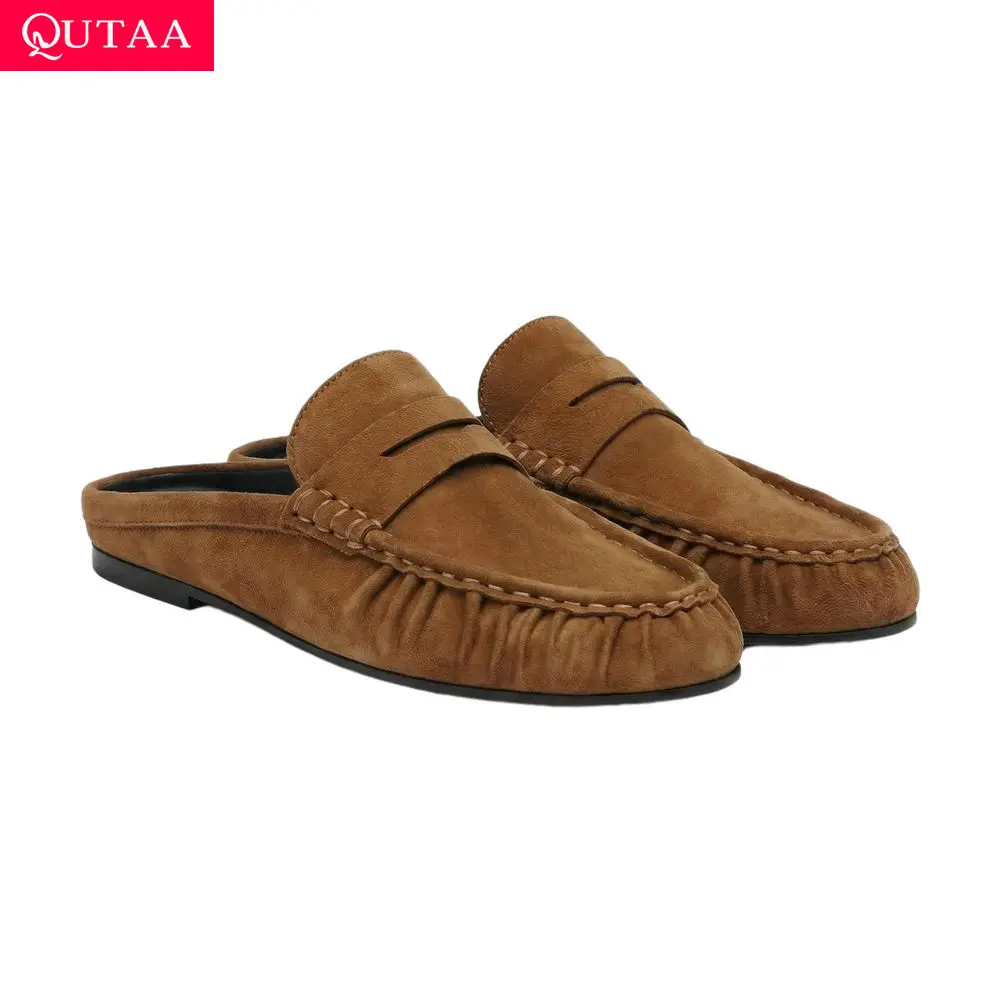QUTAA, mules de moda para mujer, zapatos planos, nuevos zapatos informales de verano con tiras en la parte trasera, zapatos informales arrugados de cuero de vaca, mocasines con punta redonda, tallas 34-43