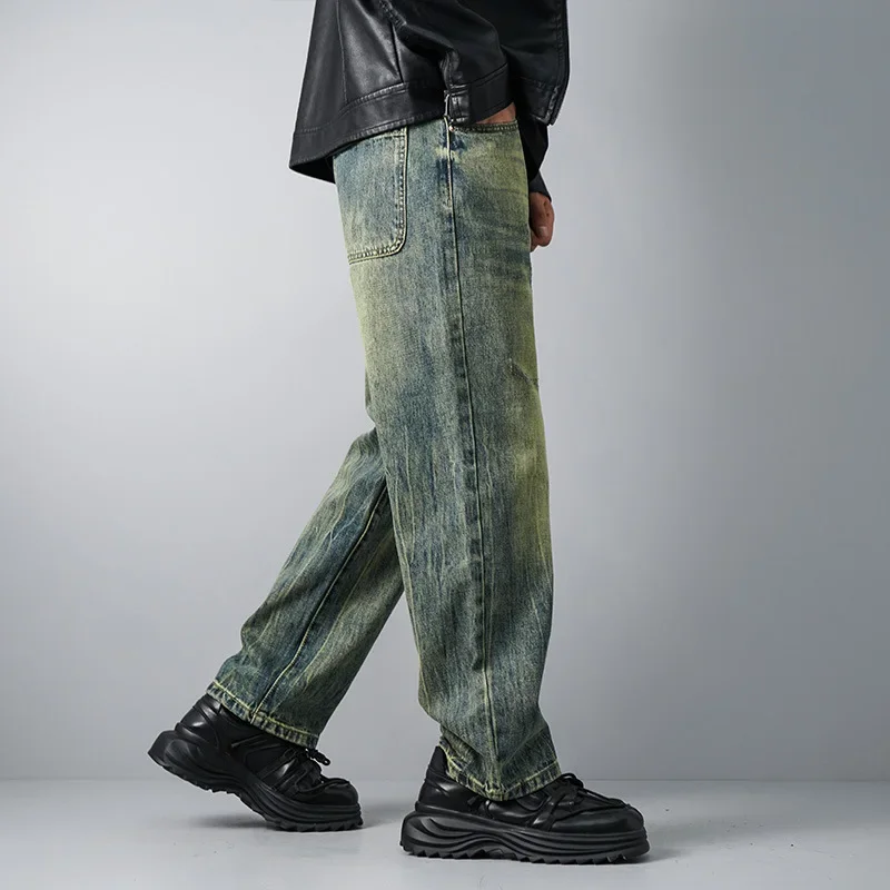 

Pop Four Men's New Fashion American Vintage Jeans Pants Loose Straight Wide Leg Simple Casual Trendy Denim Trousers Male