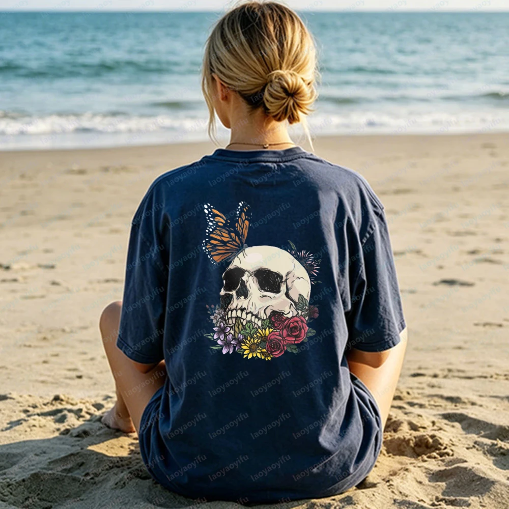 Boho Skull Cotton T-Shirt for Women Vintage Classic Floral Butterfly Silhouette Tee Summer Fashion Streetwear for Gothic Lovers