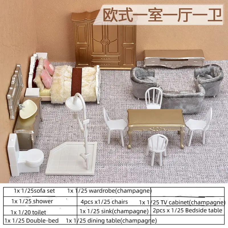 1:25 schaal poppenhuis miniatuur meubelset kunststof tafel stoel slaapbank kledingkast wastafel realistische miniaturen voor doe-het-zelf decor