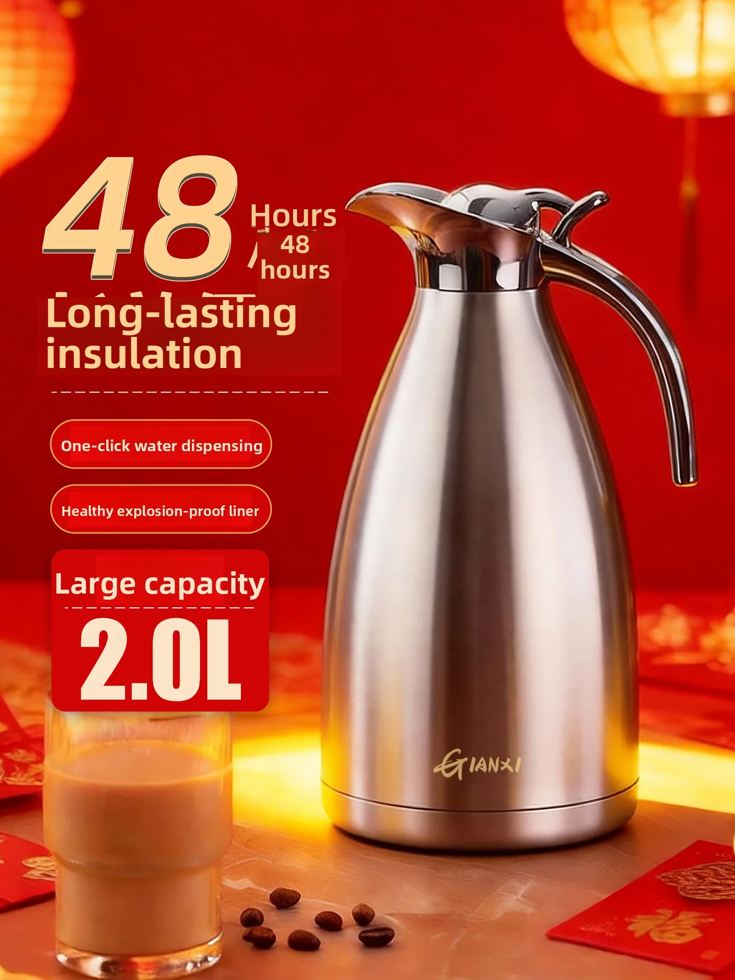 

GIANXI Large Capacity Stainless Steel Insulated Water Bottle Luxury Office Warm Bottle Home Use Thermal Pot with Handle