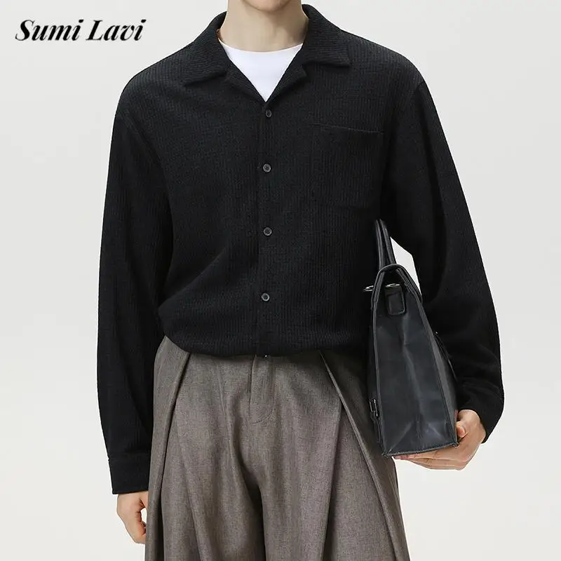 Kemeja Pria Lengan Panjang Bergaya Musim Semi Gugur Baru Kasual Warna Solid Bernapas Tekstur Kemeja Pria Vintage Kancing Kerah Lipat