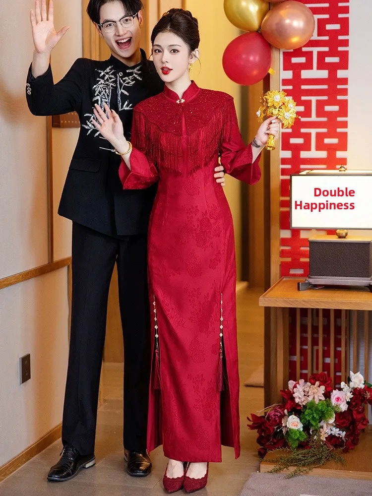 

Новое свадебное платье в китайском стиле для помолвки, цвета красного вина, с молнией на талии, винтажное, с расклешенными рукавами