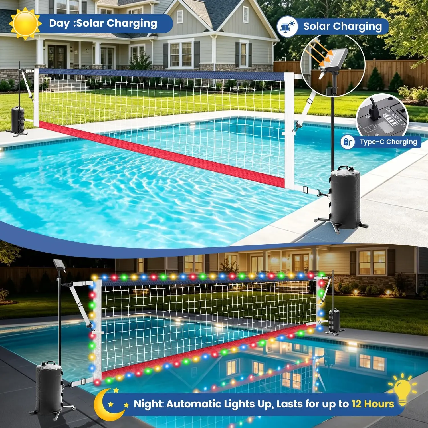 LED-Lit Portable Volleyball Net Set for Inground Swimming Pools, Adjustable 15–32 FT Width with Anti-Sagging Design, Includes Glowing Ball and Weighted Bases, Outdoor Pool Game Equipment