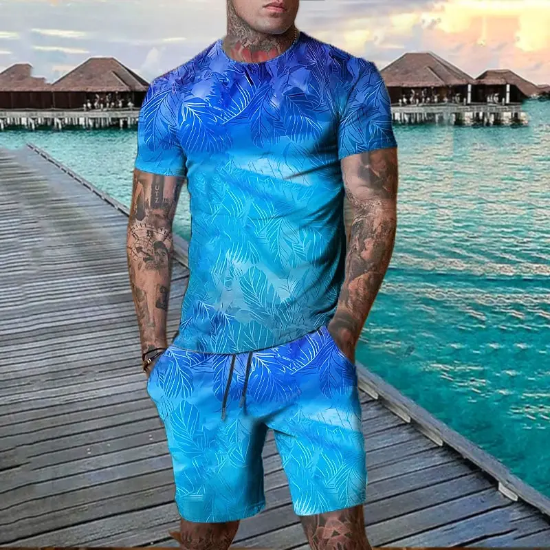 

New Graphic Leaf Plant 3D Print Tracksuit Men's Beach Suits O-Neck Short Sleeve T-Shirt Shorts Sets Sportswear Men 2pcs Clothing