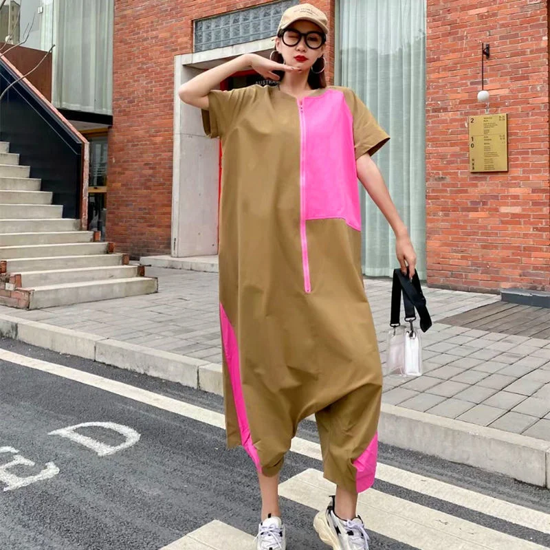 Hip-hop Western Trendy Style Women Jumpsuit Streetwear Loose Oversize Age-reducing Contrasting Colors Bodypants Summer