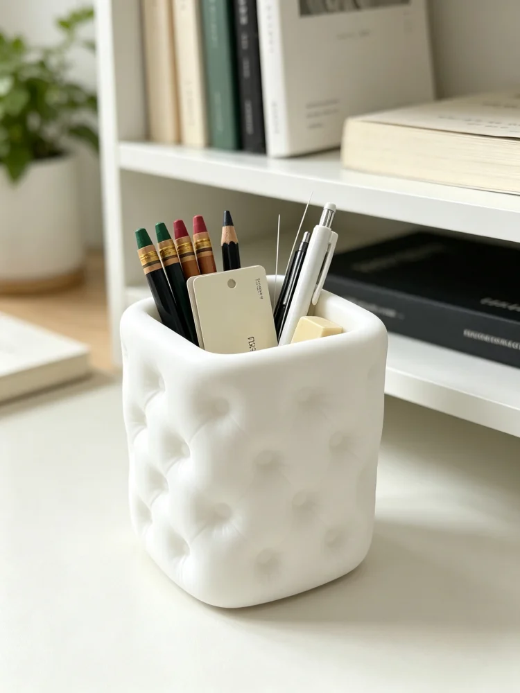 Soft Padded Tufted Texture Sofa-Style Design Square Desktop Pen Cup, Matte White Quilted Craft Pen Holder Storage Container, Durable and Smooth Plastic, Compact Size, Stable Base, Easy to Clean, Small Desktop Organizer, Suitable for School Desks, Home Office, Makeup Vanity, Tabletop Storage, Stationery and Makeup Brush Organizer, Ambiance-Enhancing Desktop Decoration
