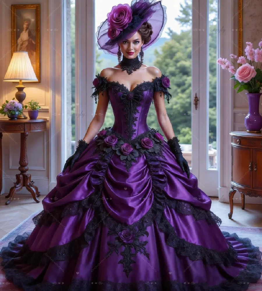 Fantasievolles viktorianisches lila Gothic-Hochzeitskleid mit schwarzer Spitze, Vintage mittelalterliches Brautkleid mit Volant, 3D-Blumen, Renaissance-Stil
