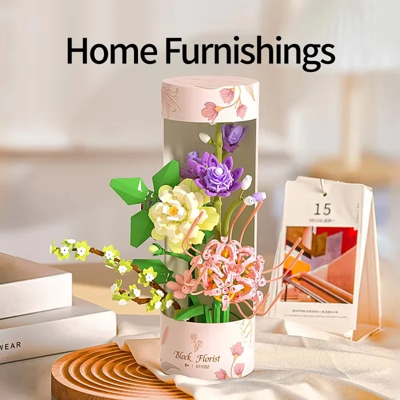ดอกไม้หลอดช่อดอกไม้อาคารบล็อกดอกไม้ชุดอิฐเดสก์ท็อปตกแต่งเด็ก DIY ของเล่นผู้ใหญ่ของขวัญโรแมนติก