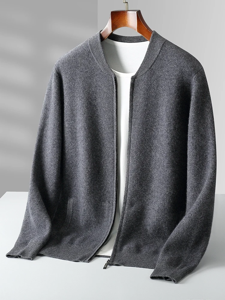 Men's Thick Casual Clothing 100% Merino Wool Knitted Sweater Autumn Winter Zipper Cardigan Long Sleeves Soft Warm Coat Tops