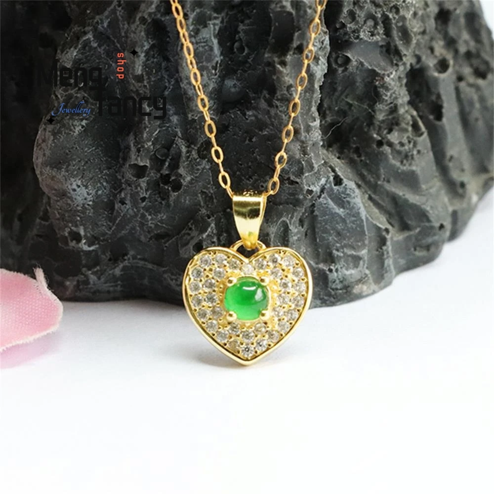 S925 Silver Inlaid Natural Jadeite Ice Type Imperial Green Heart Pendant Exquisite Sexy Young Girls Charm Luxury Fashion Jewelry