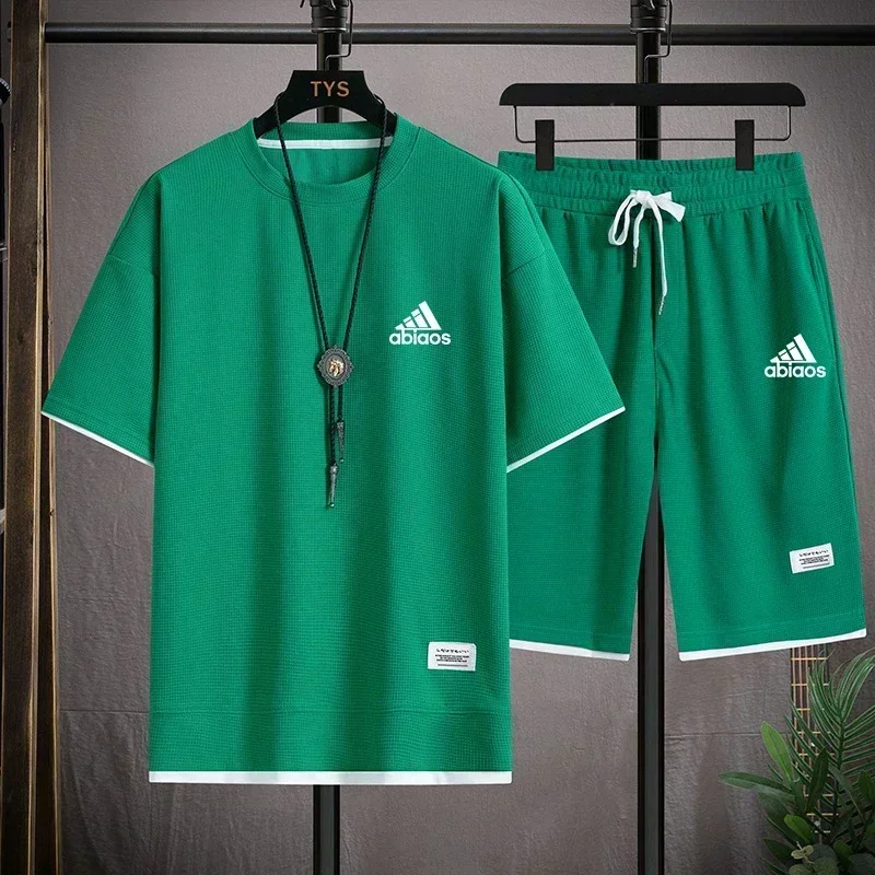 Lässiges Kurzarm-T-Shirt und Sportshorts für Herren, atmungsaktives und bequemes Laufwaffel-Set, Sommermode, 2024