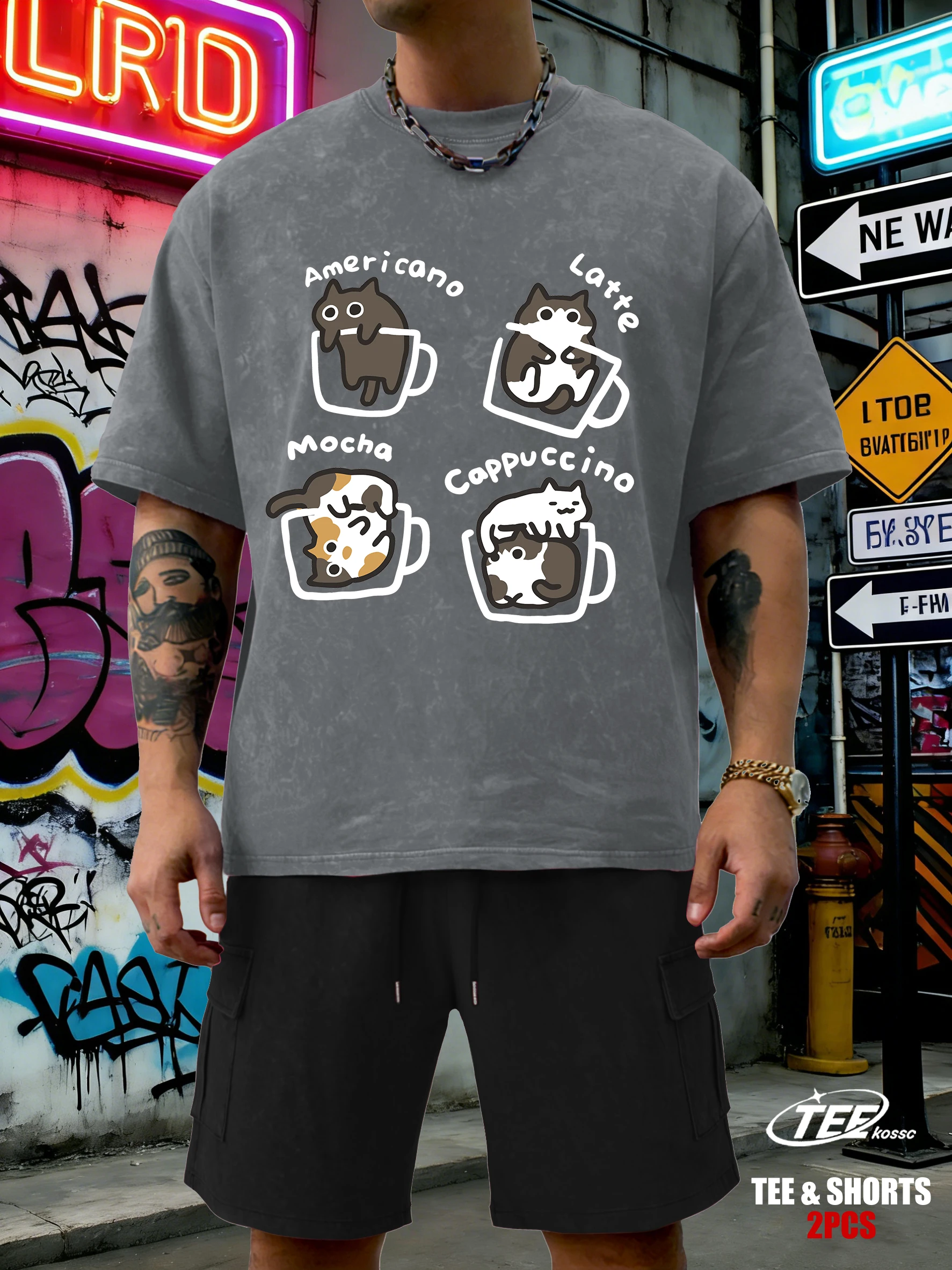 

Four Delicious Cat Coffees Washed T-Shirts Men Soft All-Match Shorts Set Fashion Summer Casual Clothing Loose Unisex Cotton Top