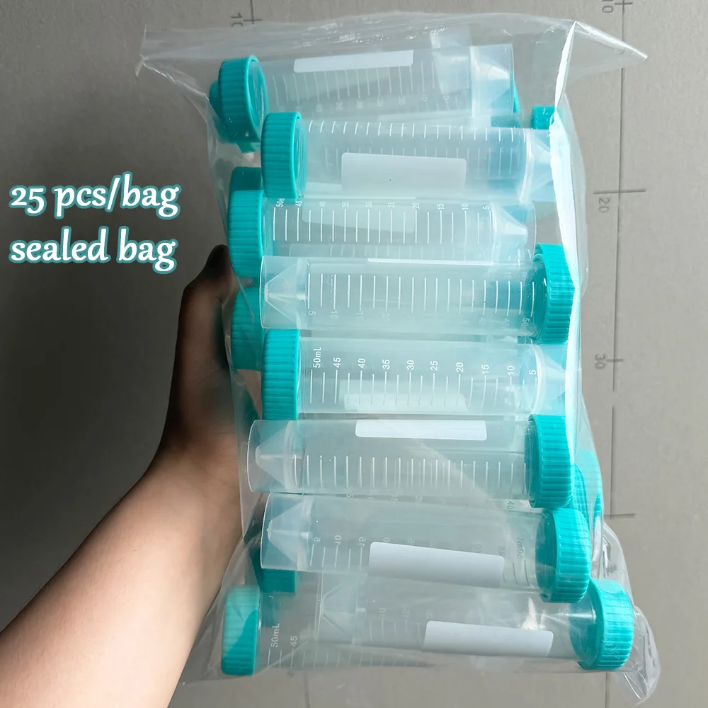50ml Graduated Centrifuge Tubes, Cyan Screw-Sealed Caps, Disposable Plastic Specimen Tubes, School Laboratory Biological Sampling Tubes, Pack of 25