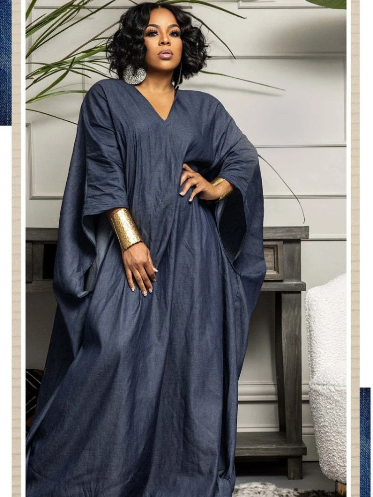 

Long Dress Women Denim Dresses Casual Loose Vestidos Y2k Streetwear V Neck Full Sleeve Elegant Splice Party Work Summer