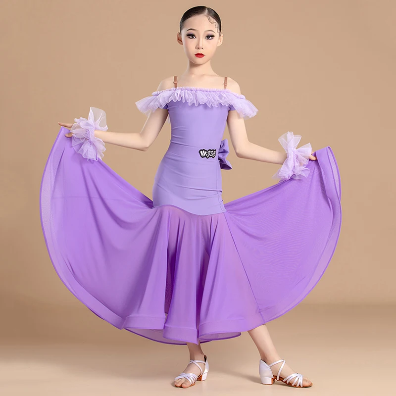 

Фиолетовое платье для бальных танцев, стандартный танцевальный костюм для девочек, вальс, современные сценические костюмы, тренировочное платье VDL481