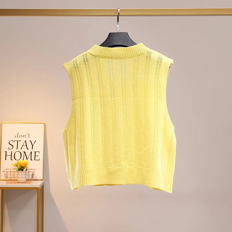 V-neck Cable Knitted Sweater Vest Women Spring Autumn Sleeveless Pullover Korean Style Cute Green Blue Pink Yellow Sweater Top