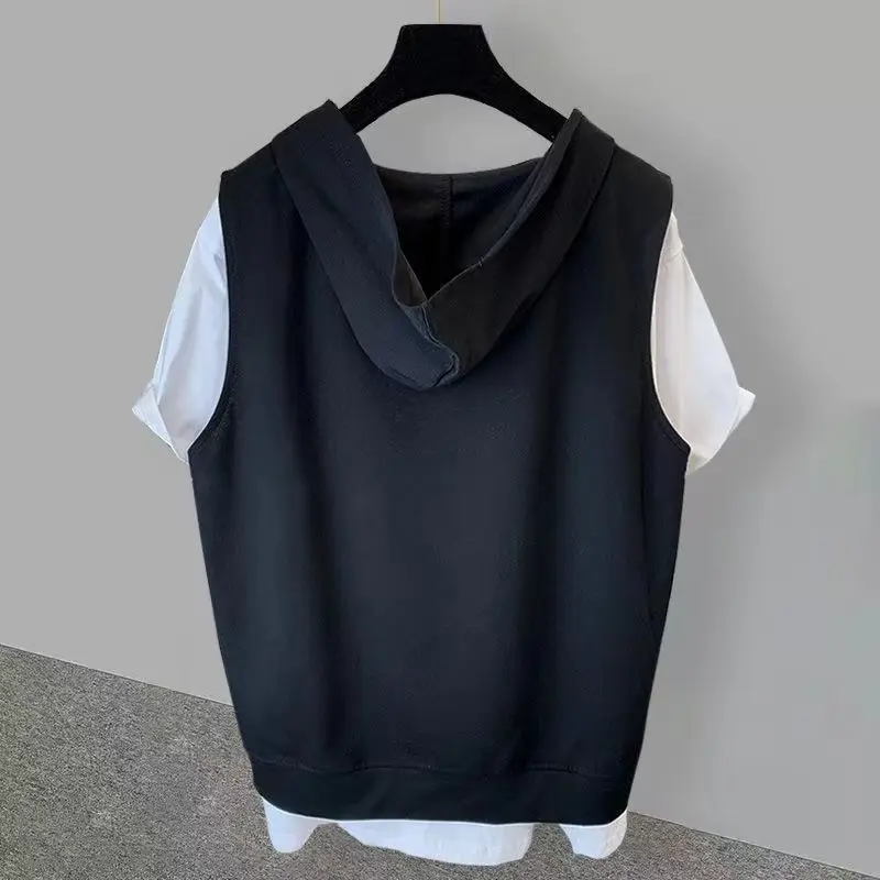 Fake two-piece hooded embroidered short-sleeved T-shirt for men in summer, ins trend, versatile student loose clothes y2k tops