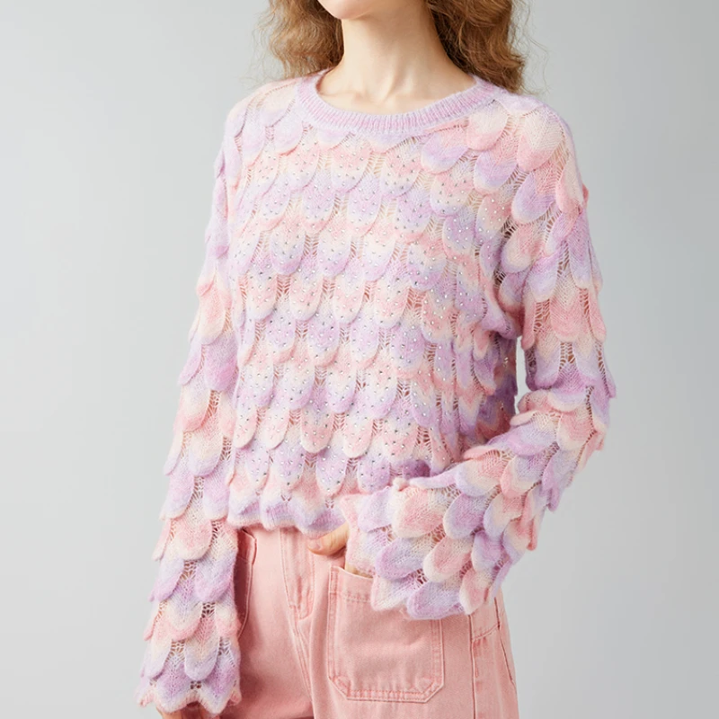 Suéter de punto con diseño de nicho de Jacquard para mujer, jersey de manga larga acampanado, arcoíris de Mohair, colorido, adornado con diamantes, nuevo, otoño