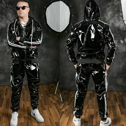 New Men's Pu Bright Leather Motorcycle Sportswear Black Hood Long Sleeve Jacket Pants Set Fashion Loose Casual Suit