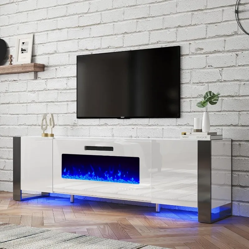 

U-Shaped Legs 70" Fireplace TV Stand, Mirrored Finish Media Console with 36" Electric Fireplace, Modern LED Lights Storage