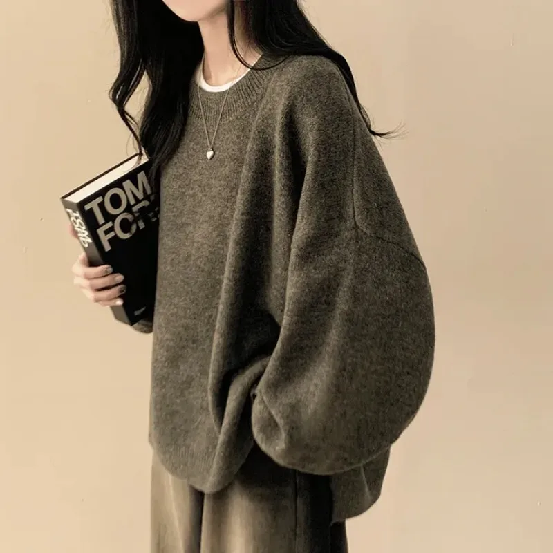 후드 스웨터, 가을/겨울 라운드 넥 스웨터, 루즈하고 여유로운 중간 길이 스타일, 슬릿 두꺼운 니트 스웨터