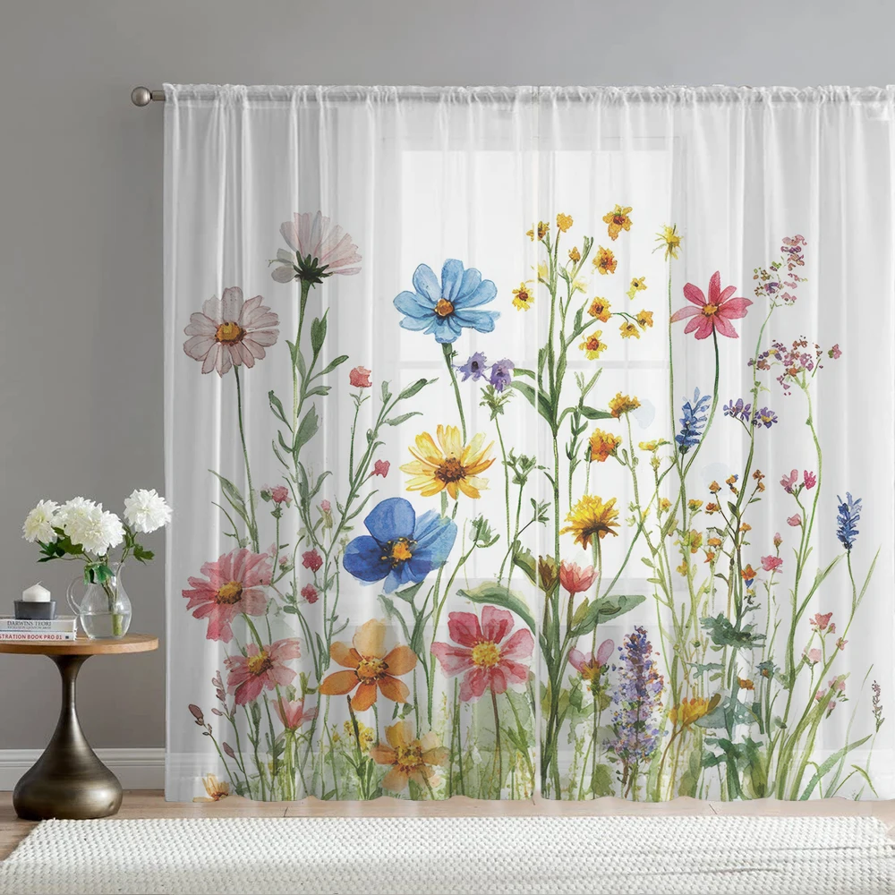 2PCS Colorful flower printed window screens with pole bags, suitable for kitchens, cafes, and living rooms