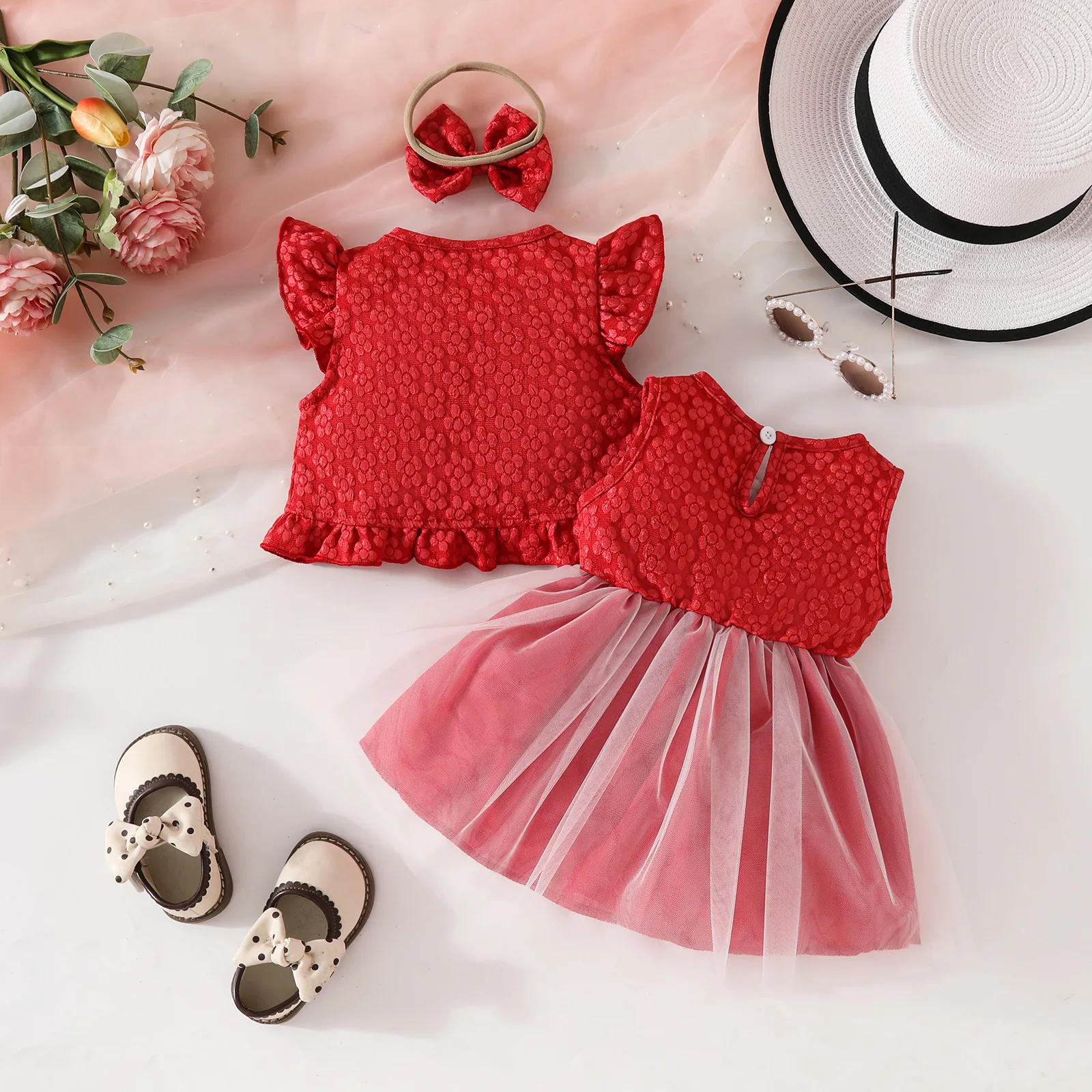 3Piece Summer Infant Girl Clothes Korean Cute Flowers Bow Tops+Mesh Sleeveless Princess Dress Baby's Sets Newborn Items B104