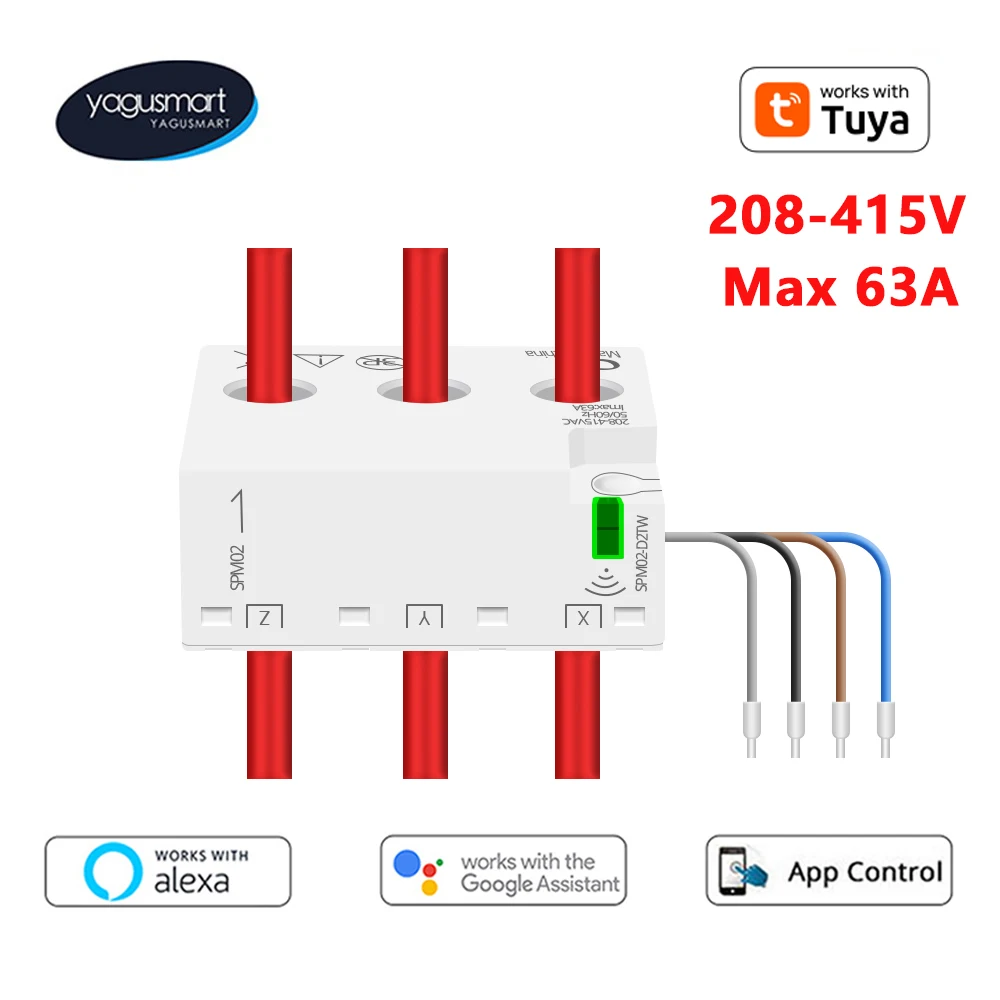 Yagusmart 3 Phase 4 Wire Smart Energy Meter 63A Zigbee WiFi Power Monitoring Alarm Sensor 208V 415V Work with Tuya APP