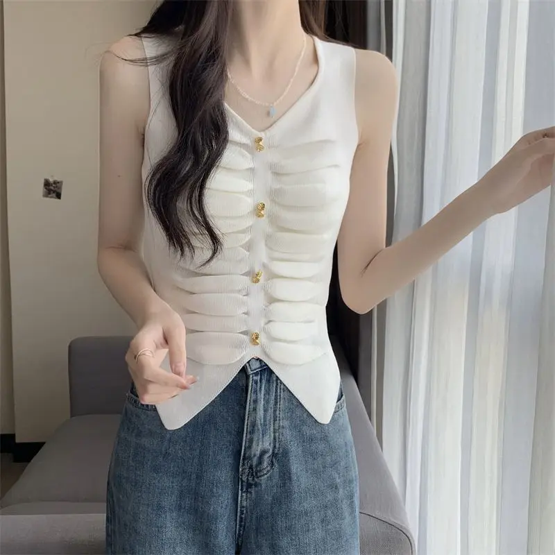 Tanks Women Solid Folds 5 Colors All-match Daily Leisure Basics Korean Style Ins Elegant Designed Charming Special Simple Spring